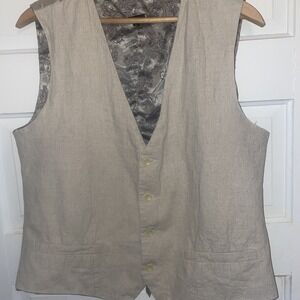 Cielo Tan Linen Lined With Paisley Print Polyester Vest Men's Large